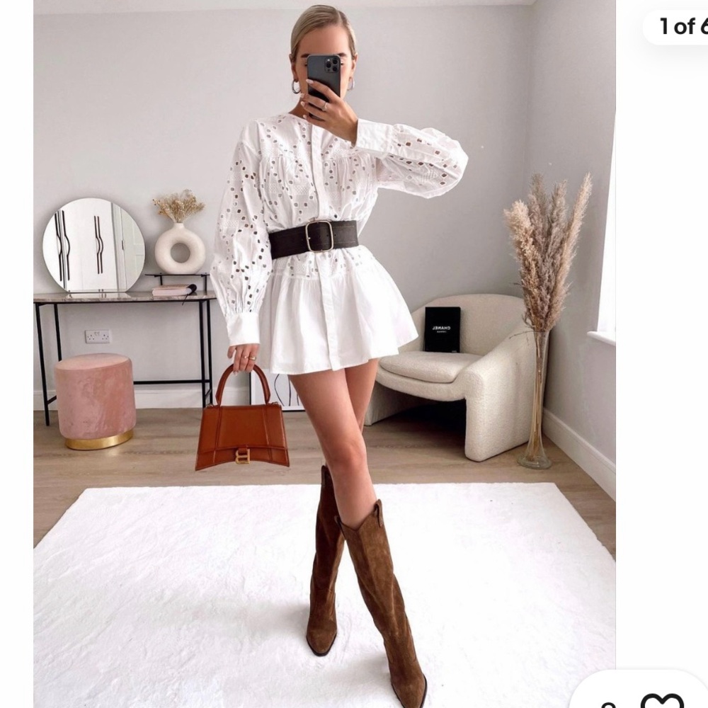 Zara Eyelet Tiered White Mini Dress Tunic Ruffle Cotton Button‎ Down Lagenlook